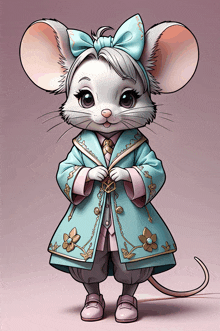 a drawing of a mouse wearing a blue coat and a bow