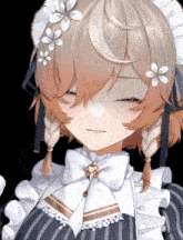 a close up of a maid with flowers in her hair