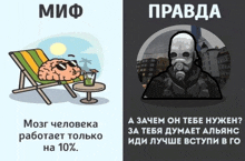 a cartoon of a brain sitting in a chair next to a picture of a man in a gas mask