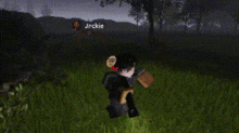 a person is walking through a grassy field with the name jackie on their back .