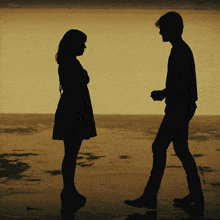 a man and a woman are standing next to each other in silhouette