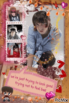 a picture of a boy with a speech bubble that says we 're just trying to look good