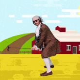 an illustration of a man in a brown coat holding a golf club in front of a red barn