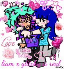 a cartoon of a boy and a girl hugging with the words kiss me liam x glitch is real