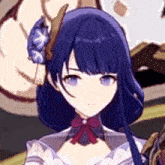 a close up of a anime girl with purple hair and a bow in her hair .