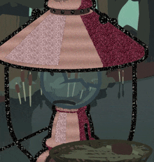 a cartoon drawing of a lamp with a purple and white shade