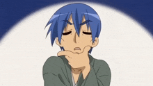 a cartoon character with blue hair is thinking