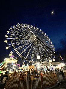 a ferris wheel at a carnival at night with a full moon in the background