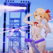 a girl with a ponytail is giving a peace sign in front of a tower