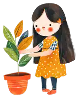 a girl in a yellow dress is watering a plant