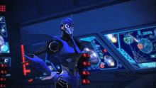 a robot is sitting in a dark room with its arms outstretched .