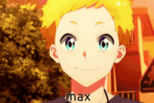 a boy with yellow hair and blue eyes is smiling and has the word max written on his face