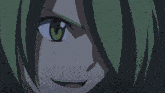 a green haired anime character is tied up with a blue string