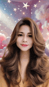a woman with long brown hair and red lipstick stands in front of a painting of clouds and stars