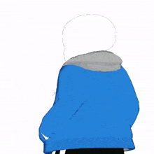 a skeleton wearing a blue jacket and a white shirt