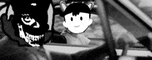 a black and white photo of a cartoon character sitting in a car