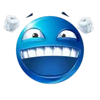 a blue smiley face with white teeth and a big smile