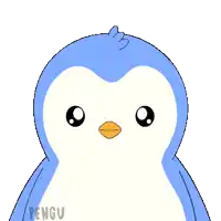 a cartoon of a blue and white penguin with the word pengu on the bottom