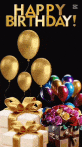 a happy birthday card with balloons and presents on a black background