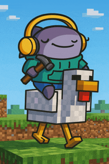 a cartoon character wearing headphones is carrying a chicken on his back