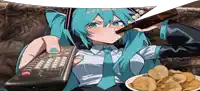 a girl with blue hair is drinking from a bottle and holding a remote control