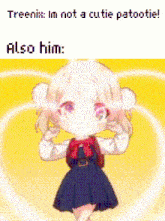 a cartoon girl is dancing in front of a purple background and says that she is not a cutie patooie