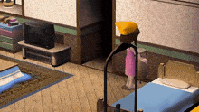 a girl in a pink towel is standing next to a bed in a video game