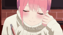 a girl with pink hair is holding a pen in her hand and the word chitaemo is on the bottom of the picture