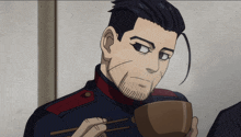 a man in a military uniform is holding a bowl of food with chopsticks