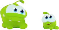a green cartoon character with blue eyes is sitting next to another green cartoon character