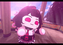 a cartoon character with pink eyes and a red heart on her necktie