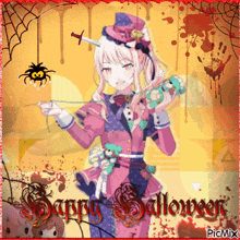 a picture of a girl with a sword on her head and the words happy halloween on the bottom