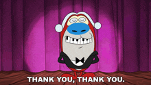a cartoon character is standing in front of a purple curtain and says thank you