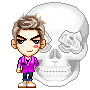 a pixel art drawing of a person holding a pink rose in front of a skull .