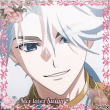 a picture of a boy with white hair and blue eyes with the words nice loves lucian