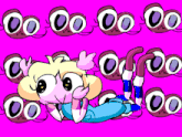 a cartoon of a girl laying on the floor with a pink background and a bunch of o 's on it