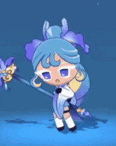 a cartoon girl with blue hair and purple eyes is holding a purple wand .