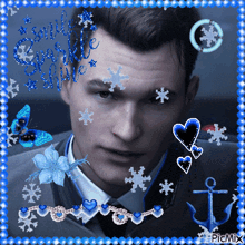 a picture of a man in a suit is surrounded by snowflakes butterflies and hearts and says picmix