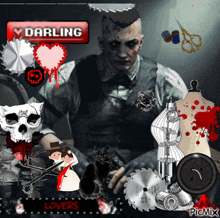 a picture of a man surrounded by various items with a darling sign above him
