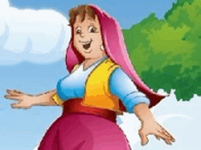 a cartoon of a woman with her arms outstretched and a pink head scarf .