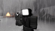 a cartoon character with a tv on his head is standing in the rain