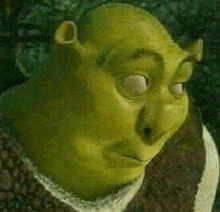 a close up of shrek 's face in a painting with a serious look on his face .