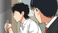 a cartoon of a man eating with chopsticks and another man in a suit
