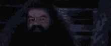 a man with a beard and long hair is standing in the dark looking at the camera .