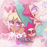 a cartoon of a girl and a boy with the name valhex written on the bottom