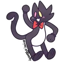 a drawing of a black cat with a red bow tie and the name archer on the bottom