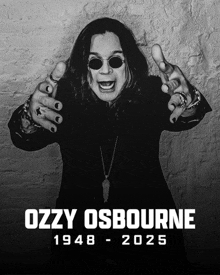 a black and white photo of ozzy osbourne with the date 1948-2025