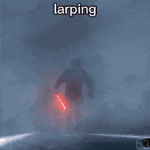 a man is walking through a smokey area with the word larping written above him