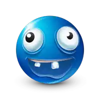 a blue smiley face with big eyes and a smile