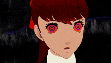 a close up of a girl 's face with a hypnotic look on her eyes